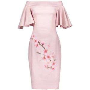 Ted Baker Calinda Soft Blossom Pink Off the Shoulder Flounce Sleeve Dress
